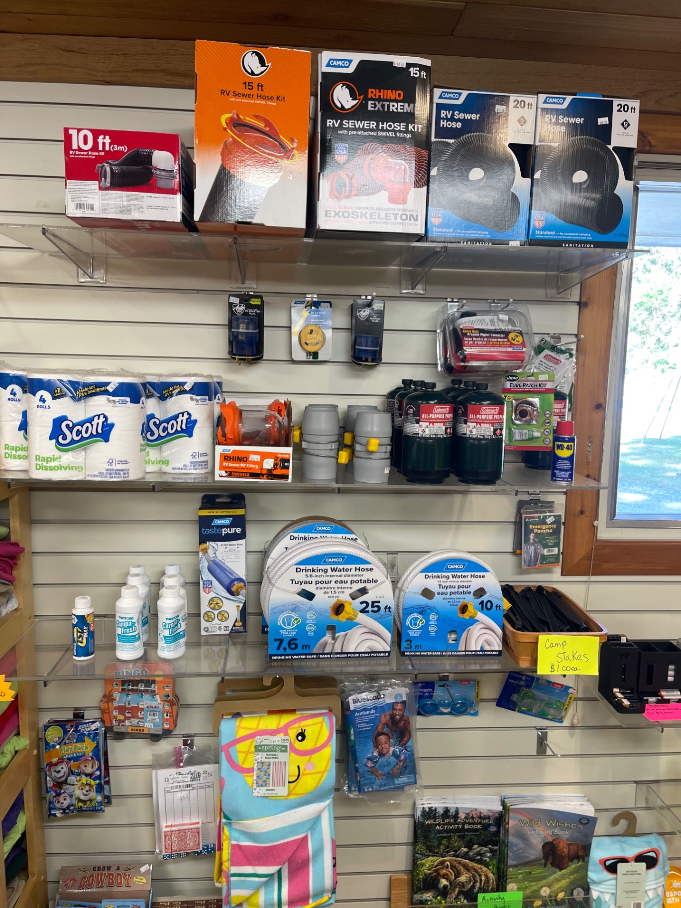 RV sewer hose kits, drinking water hoses, propane, electrical adapters and campground essentials
