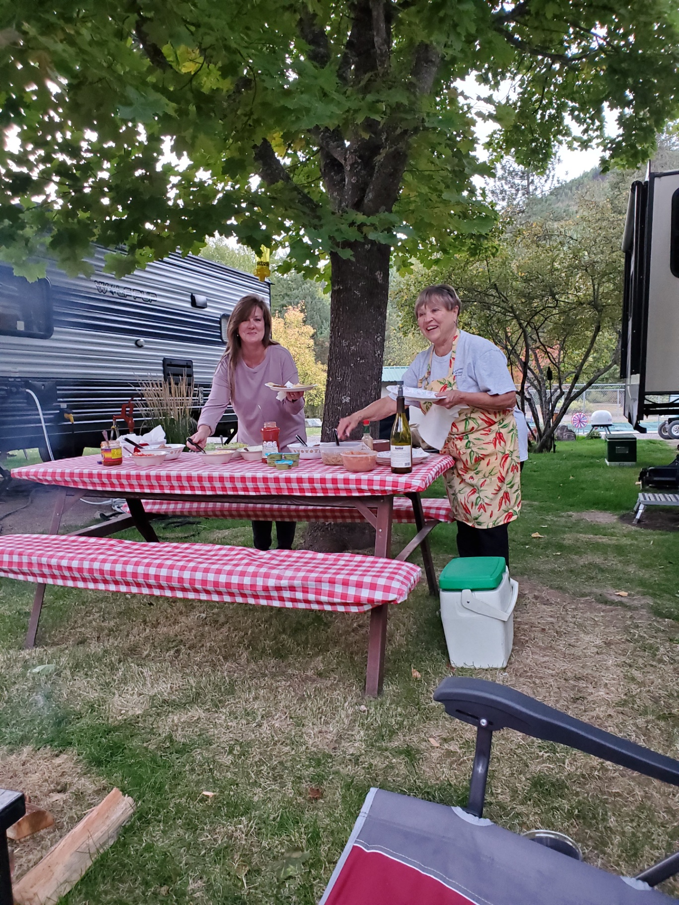 Friends sharing a potluck dinner at a checkered picnic table beside their RV